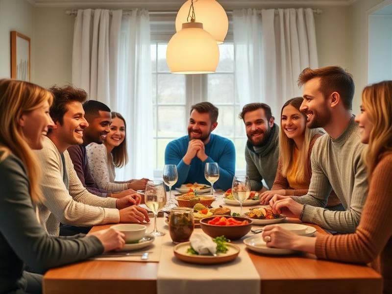Vänner som skrattar tillsammans vid matbord
