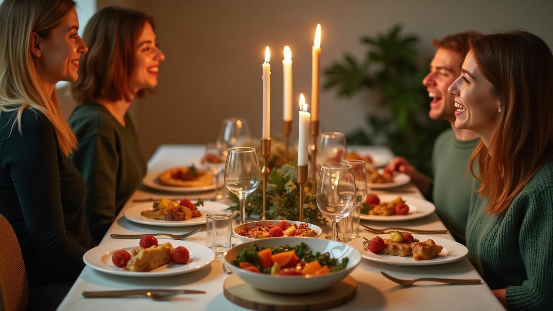 Vänner som umgås över middag med ljus och god mat